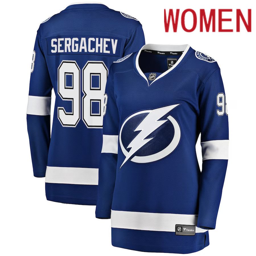 Women Tampa Bay Lightning #98 Mikhail Sergachev Fanatics Branded Blue Breakaway Player NHL Jersey